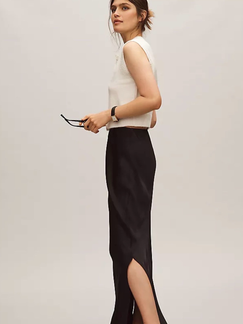 Anthropologie Black Satin Side-Slit Maxi Skirt